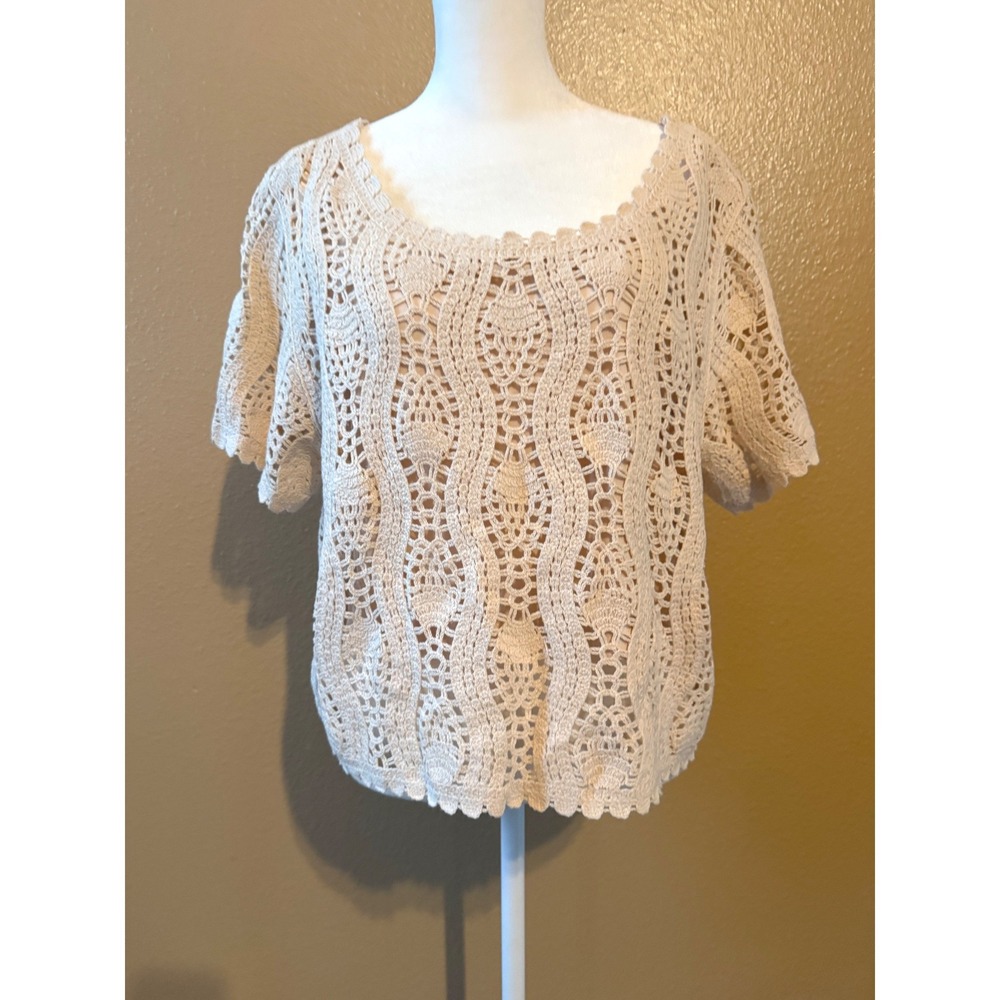 Jessica Simpson Leilah Crochet Tee Ivory Short Sleeve Scalloped Top XL‎ NEW